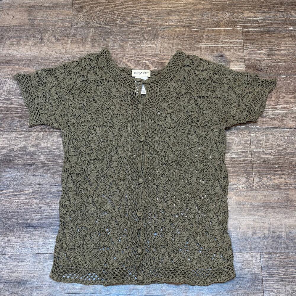 White Stag Vintage Open Knit Crochet Cardigan Short Sleeve Olive Green Medium